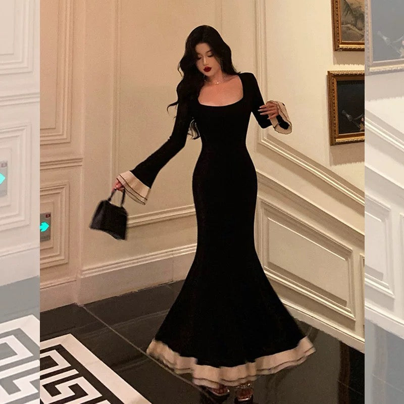 Pretty Mermaid Square Neckline Black Prom Dresses Birthday Outfits Evening Gowns