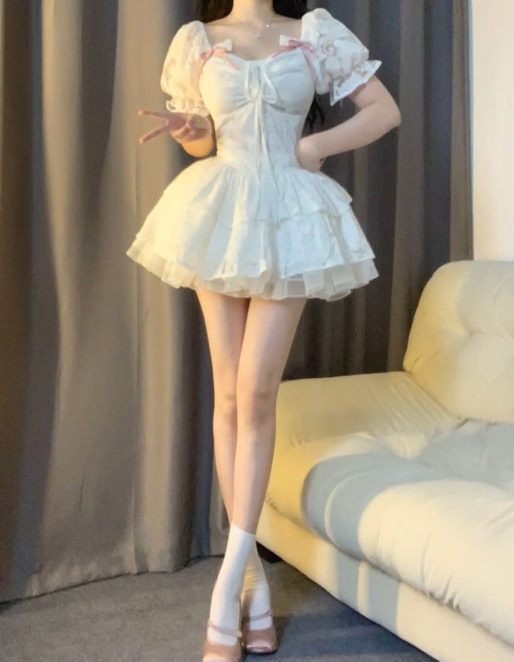 Chic Ball Gown Short Sleeves White Lace Lolita Dresses Party Dress Birthday Outfits
