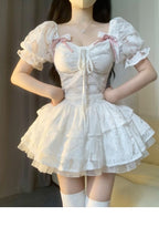 Chic Ball Gown Short Sleeves White Lace Lolita Dresses Party Dress Birthday Outfits