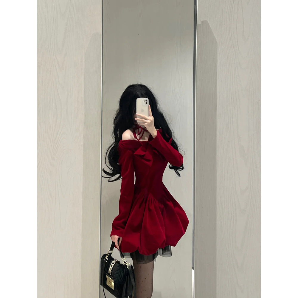 Chic Ball Gown Long Sleeves Red Velvet Party Dress Birthday Dresses Birthday Outfits