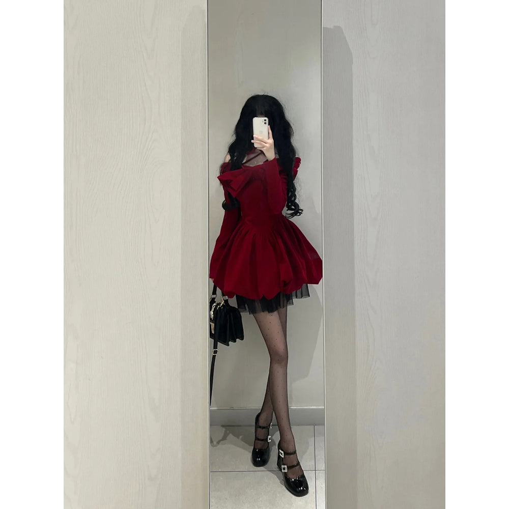 Chic Ball Gown Long Sleeves Red Velvet Party Dress Birthday Dresses Birthday Outfits