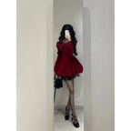 Chic Ball Gown Long Sleeves Red Velvet Party Dress Birthday Dresses Birthday Outfits