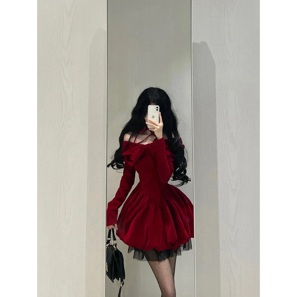 Chic Ball Gown Long Sleeves Red Velvet Party Dress Birthday Dresses Birthday Outfits