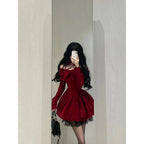 Chic Ball Gown Long Sleeves Red Velvet Party Dress Birthday Dresses Birthday Outfits