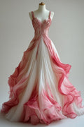 Vintage Ball Gown Straps Ombre Pink Prom Dresses Long Evening Gown Tulle Formal Party Dress
