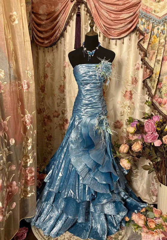 Vintage Mermaid Strapless Blue Satin Prom Dresses Long Evening Gown Formal Party Dress