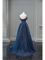 Pretty Ball Gown Off The Shoulder Navy Blue Tulle Long Prom Dresses Party Dress