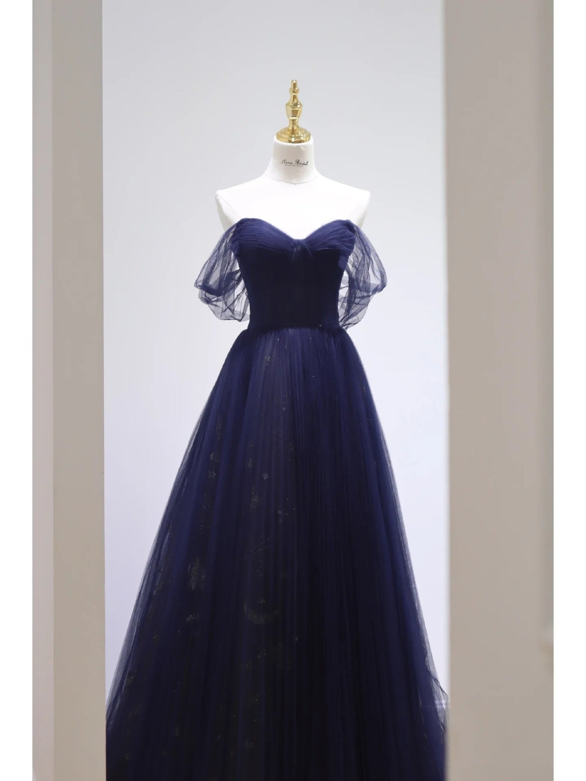 Pretty Ball Gown Off The Shoulder Navy Blue Tulle Long Prom Dresses Party Dress