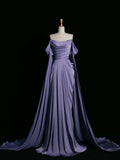 Vintage A Line Off The Shoulder Light Grape Satin Prom Dresses Long Evening Gown Formal Party Dress