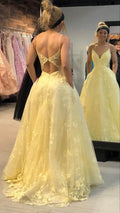 Pretty Ball Gown Spaghetti Straps Lace Yellow Backless Long Prom Dresses Party Dress