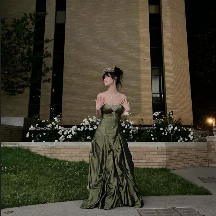 Pretty Ball Gown Strapless Satin Olive Green Long Ruffles Prom Dresses Formal Evening Dress