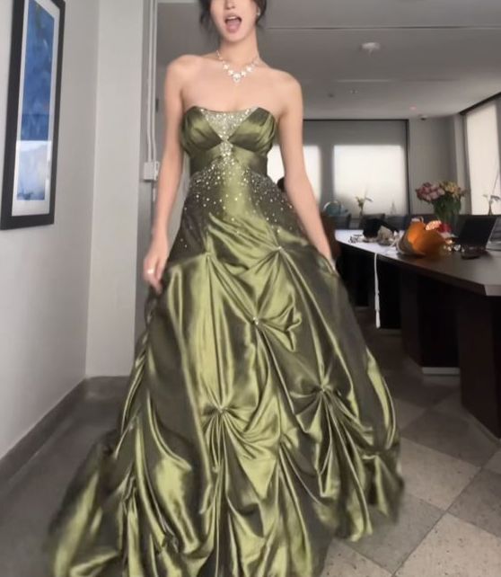 Pretty Ball Gown Strapless Satin Olive Green Long Ruffles Prom Dresses Formal Evening Dress