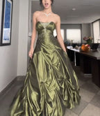 Pretty Ball Gown Strapless Satin Olive Green Long Ruffles Prom Dresses Formal Evening Dress