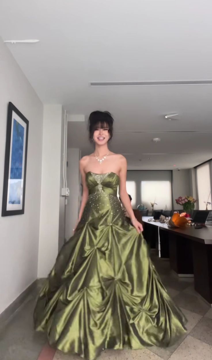 Pretty Ball Gown Strapless Satin Olive Green Long Ruffles Prom Dresses Formal Evening Dress