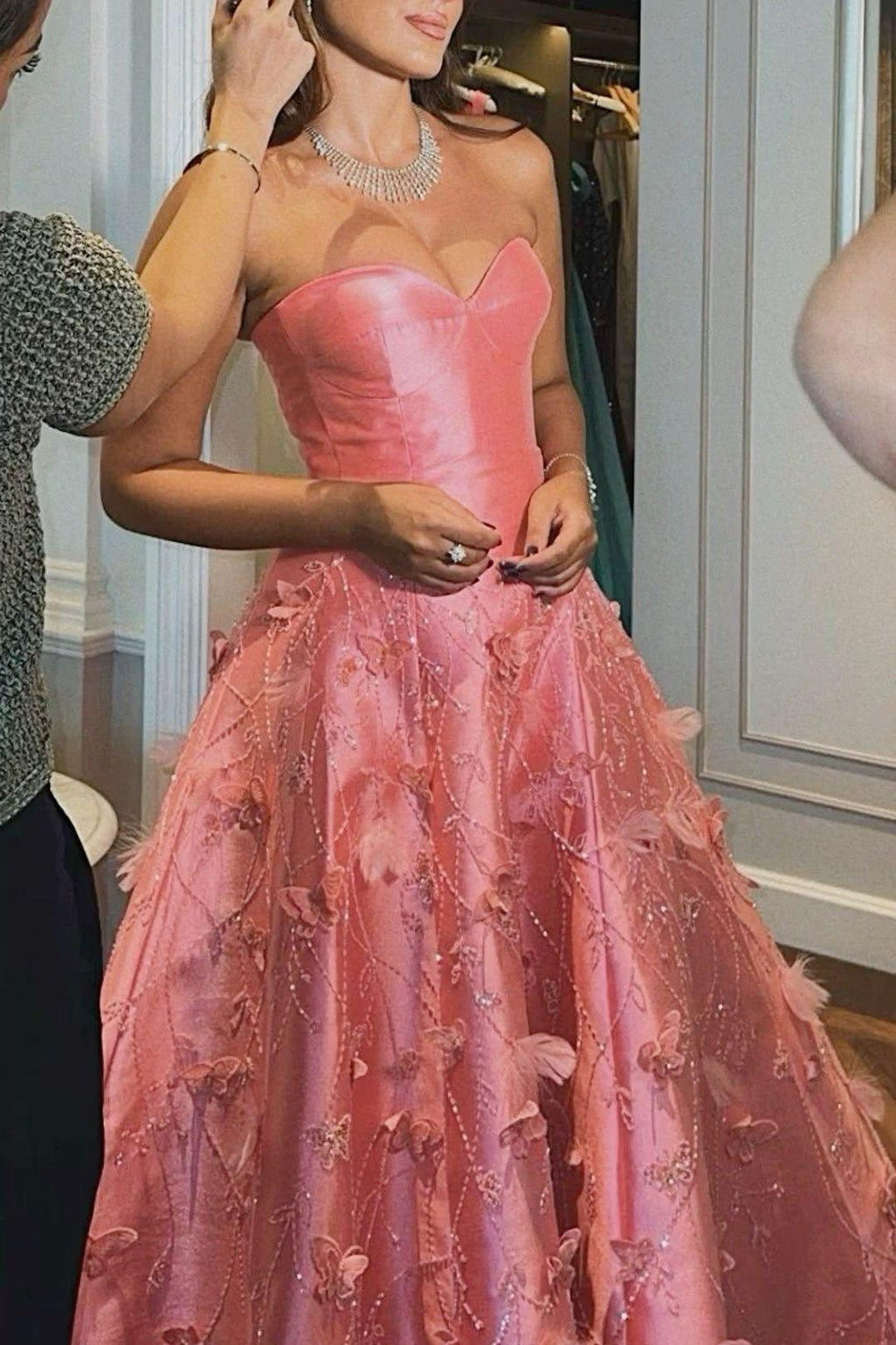 Pretty Ball Gown Sweetheart Pink Satin Floral Long Prom Dresses Formal Evening Dress