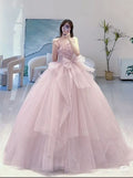 Classy Ball Gown Strapless Sleeveless Tulle Pink Evening Prom Dresses