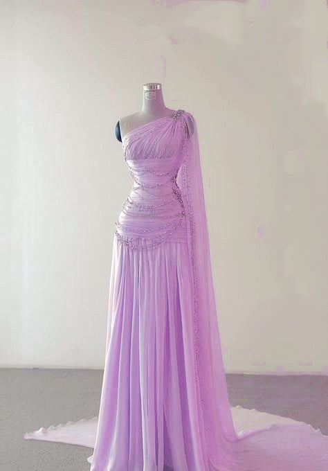 Classy Sheath One Shoulder Pink Long Chiffon Evening Gown Prom Dresses