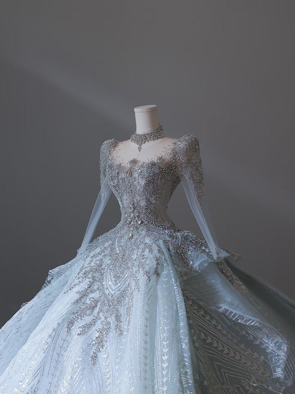 Princess Ball Gown Scoop Neckline Long Sleeves Sequin Light Sky Blue Long Wedding Dresses Brides Dress