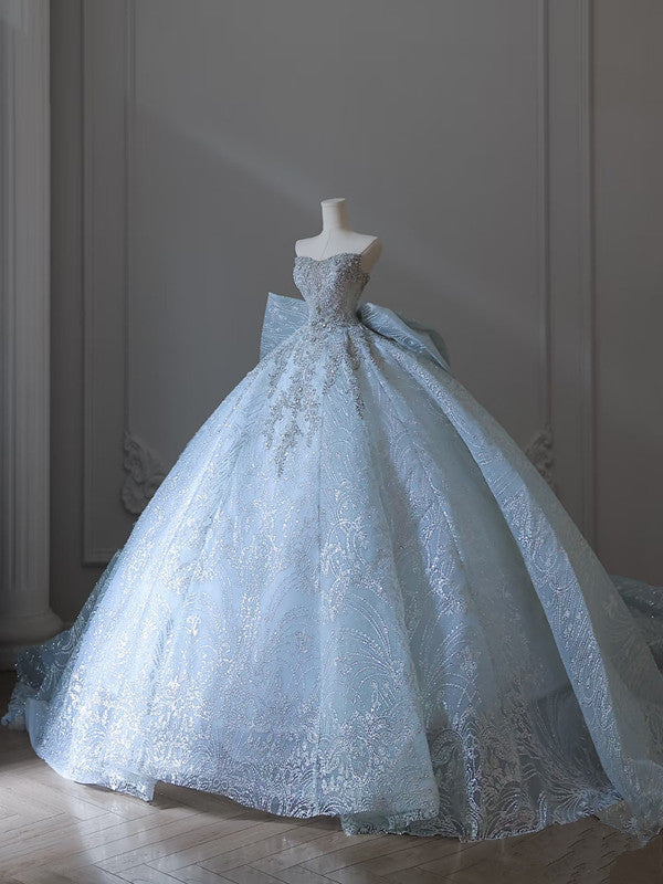 Princess Ball Gown Strapless Neckline Long Sequin Light Sky Blue Long Wedding Dresses Brides Dress