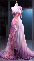 Retro Ball Gown One Shoulder Pink Ombre Pink Chiffon Long Evening Dress Prom Dresses