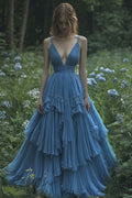 Retro Ball Gown Spaghetti Straps Blue Chiffon Long Evening Dress Prom Dresses
