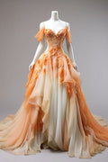 Retro Ball Gown Off The Shoulder Orange Chiffon Ombre Evening Dress Prom Dresses