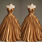 Retro Ball Gown Sweetheart Satin Gold Party Dress Prom Dresses Evening Dress