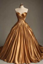 Retro Ball Gown Sweetheart Satin Gold Party Dress Prom Dresses Evening Dress