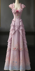 Retro Ball Gown Sweetheart Layers Pink Party Dress Long Prom Dresses Evening Dress