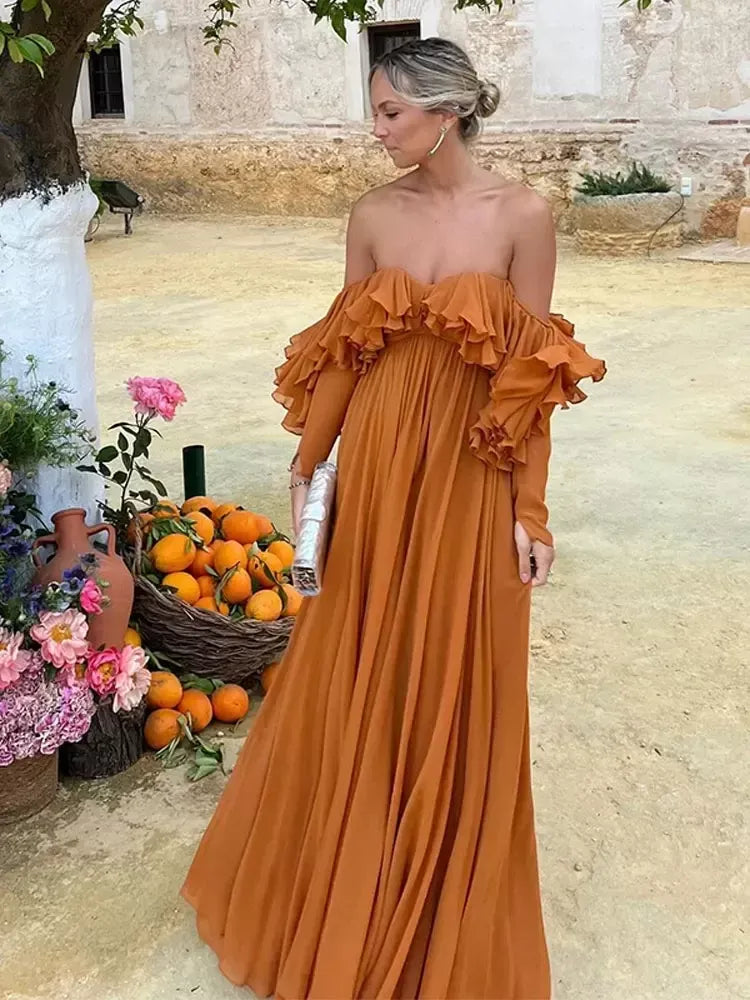 Classic Chiffon Evening Dresses Ruffles A Line Long Prom Gowns
