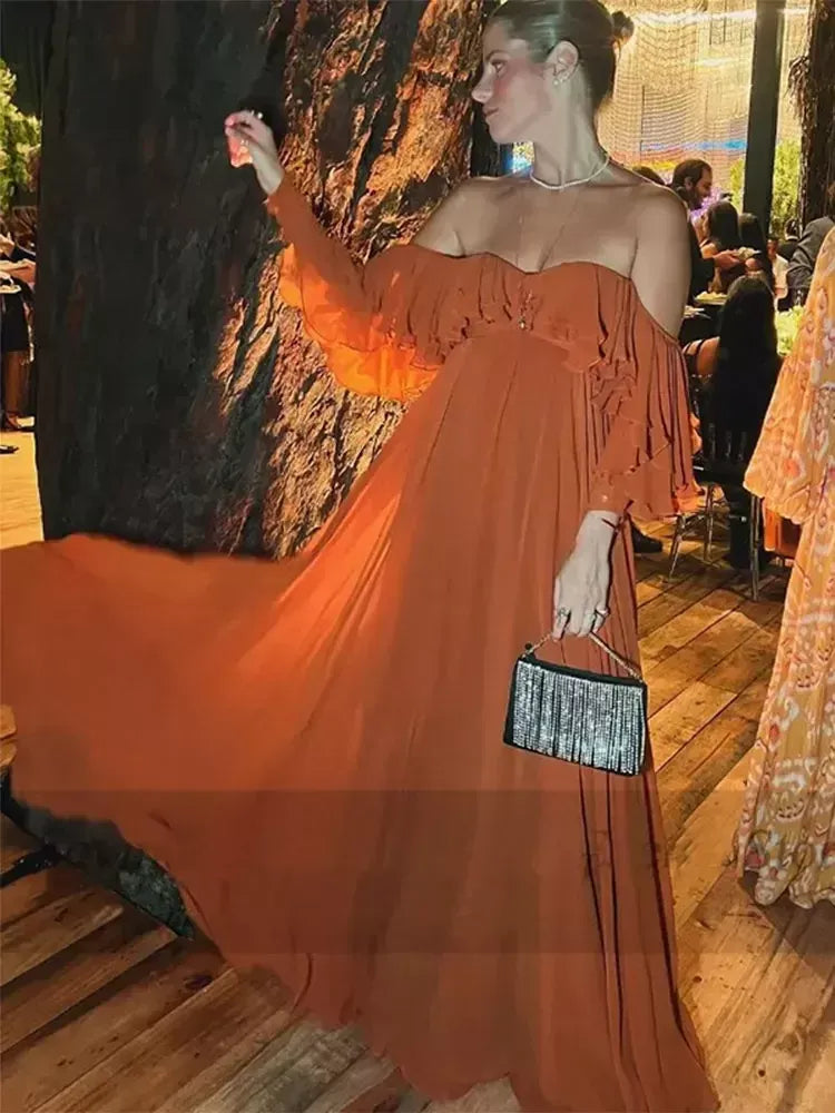 Classic Chiffon Evening Dresses Ruffles A Line Long Prom Gowns