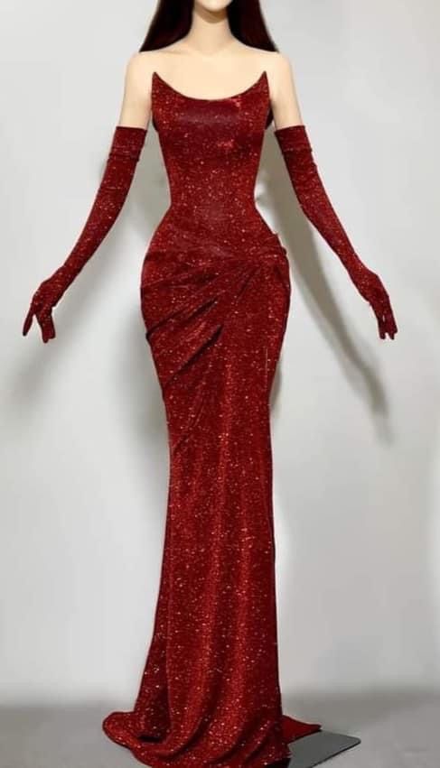 Sexy Mermaid Strapless Burgundy Sequin Long Prom Dresses Evening Gowns With Gloves