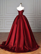 Sexy Ball Gown Strapless Burgundy Satin Long Evening Gowns Prom Dresses