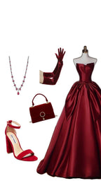 Sexy Ball Gown Strapless Burgundy Satin Long Evening Gowns Prom Dresses