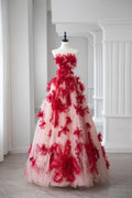 Sexy Ball Gown Strapless Red Tulle Floral Long Evening Gowns Prom Dresses