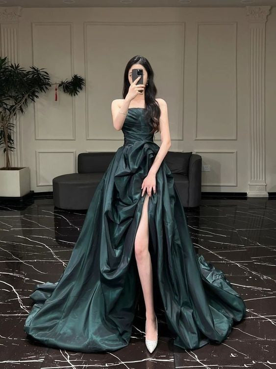 Sexy Ball Gown Strapless Dark Green Satin Long Evening Gowns Prom Dresses