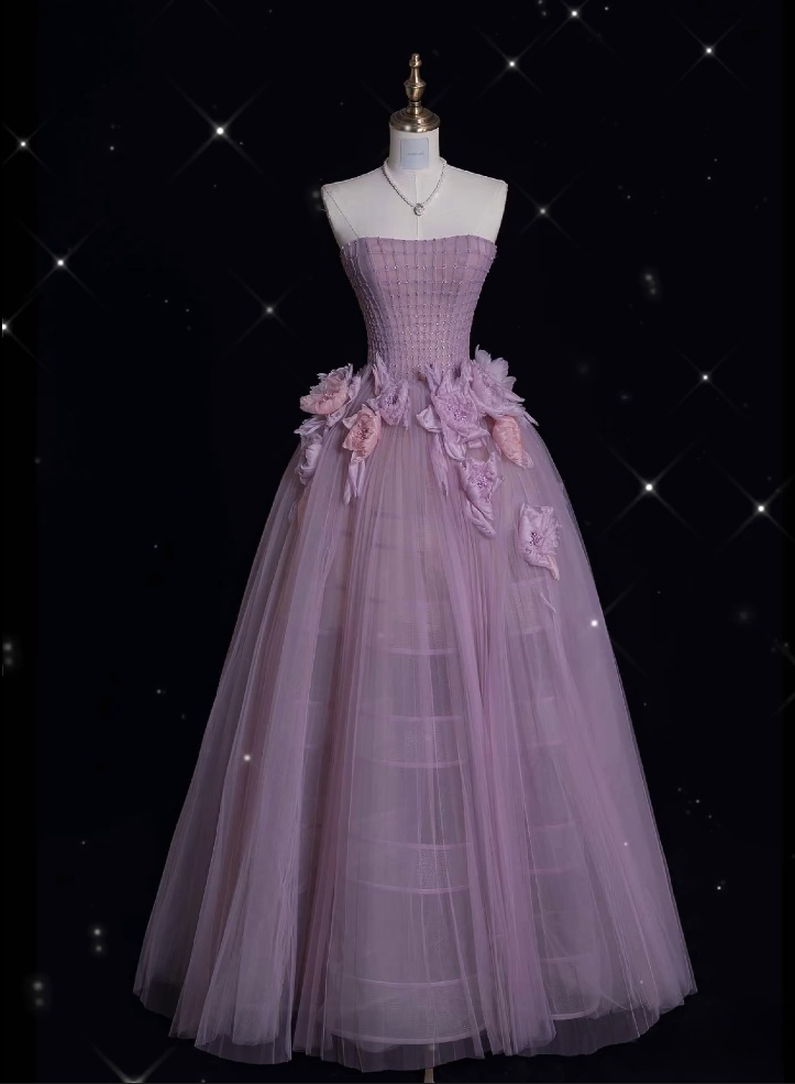 Classy Ball Gown Strapless Lilac Tulle Party Dress Long Prom Dress Evening Dresses