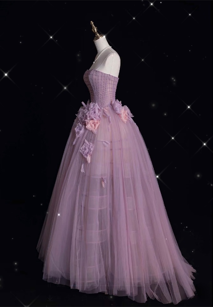 Classy Ball Gown Strapless Lilac Tulle Party Dress Long Prom Dress Evening Dresses
