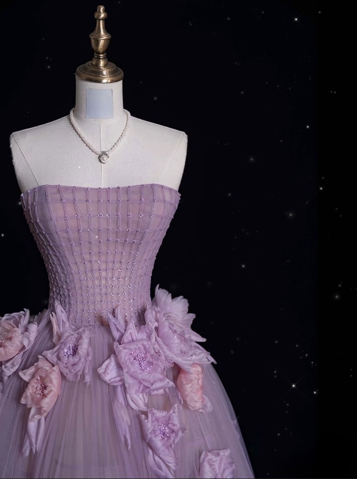 Classy Ball Gown Strapless Lilac Tulle Party Dress Long Prom Dress Evening Dresses