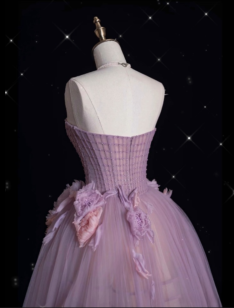 Classy Ball Gown Strapless Lilac Tulle Party Dress Long Prom Dress Evening Dresses