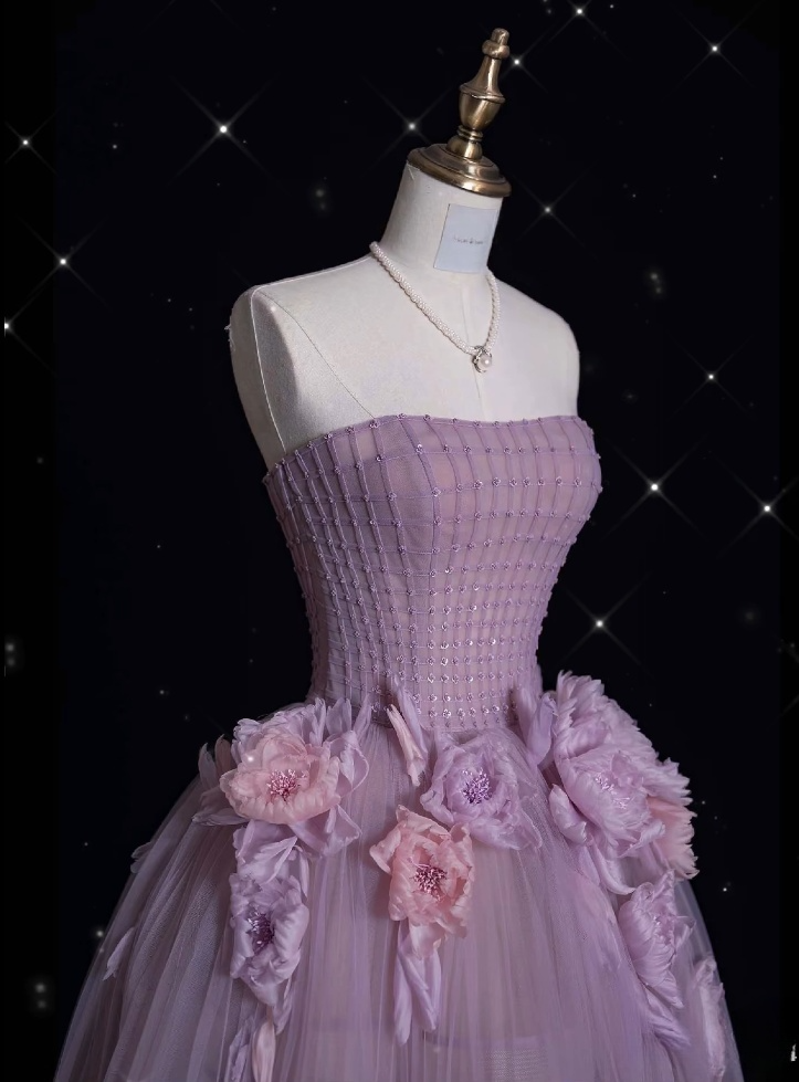 Classy Ball Gown Strapless Lilac Tulle Party Dress Long Prom Dress Evening Dresses