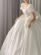 Unique Ball Gown Square Neckline Short Sleeves Sequin White Wedding Dresses Brides Dress