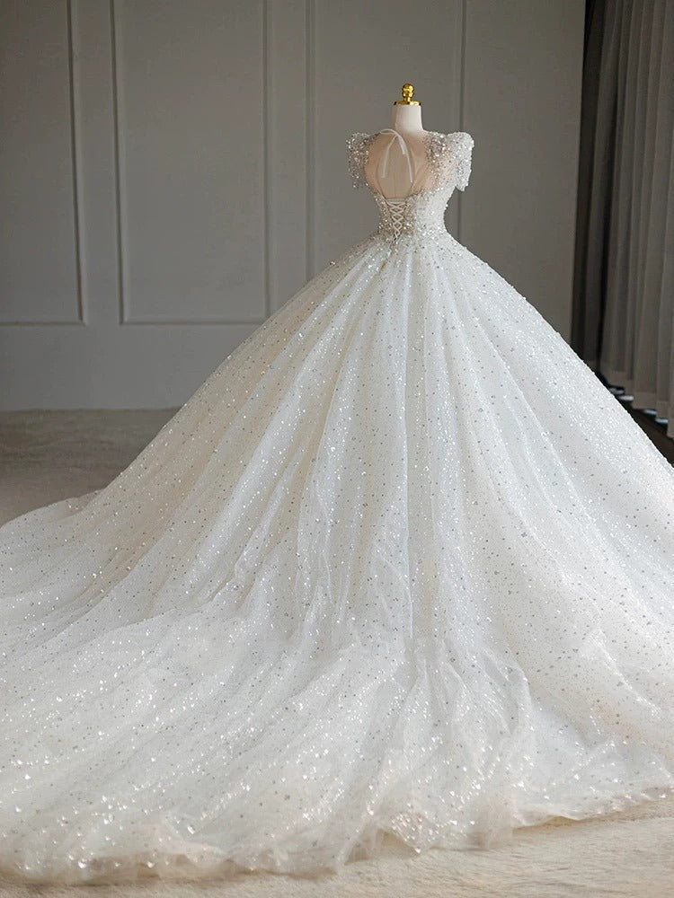 Pretty Ball Gown Square Neckline Short Sleeves Sequin White Wedding Dresses Brides Dress