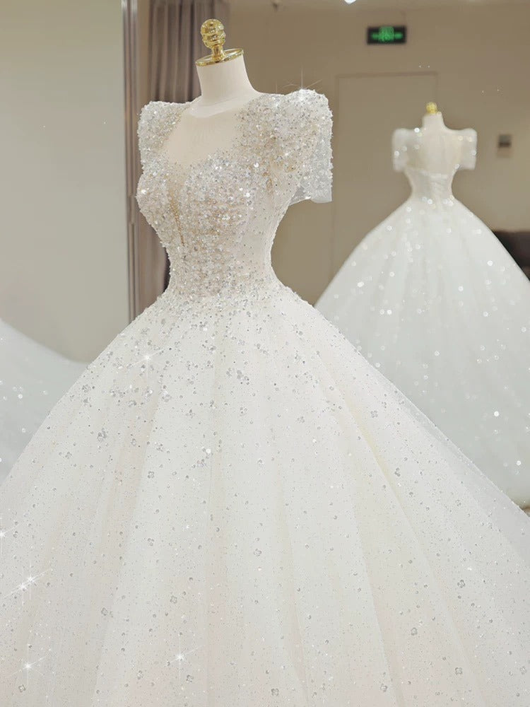 Pretty Ball Gown Square Neckline Short Sleeves Sequin White Wedding Dresses Brides Dress