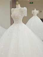 Pretty Ball Gown Square Neckline Short Sleeves Sequin White Wedding Dresses Brides Dress