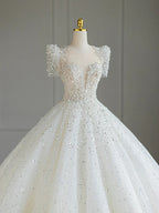 Pretty Ball Gown Square Neckline Short Sleeves Sequin White Wedding Dresses Brides Dress