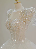 Pretty Ball Gown Square Neckline Short Sleeves Sequin White Wedding Dresses Brides Dress