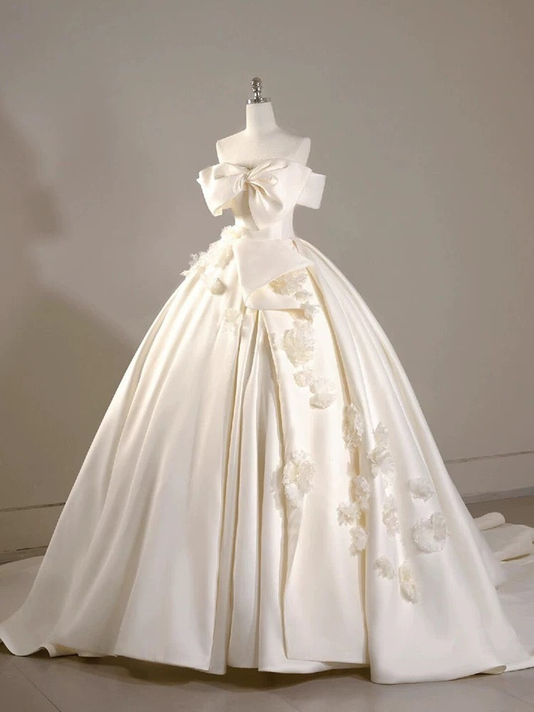 Timeless Ball Gown Off The Shoulder Short Sleeves Satin White Wedding Dresses Brides Dress