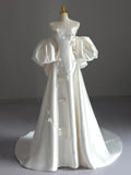 Classy Ball Gown Strapless Short Sleeves Satin White Wedding Dresses Brides Dress