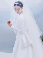 Unique Ball Gown Scoop Neckline Long Sleeves White Satin Wedding Dresses